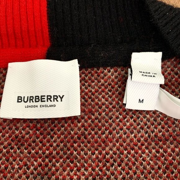 Burberry Brown Checkered Patchwork Wool Sweater With Red & Black Accents V-Neck - Picture 2 of 6